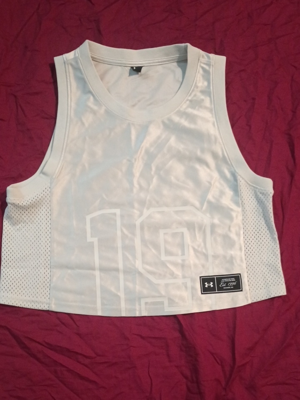 Under Armour White Mesh-Side Cropped Tank Subtle Number Graphic 1996 Woman MD